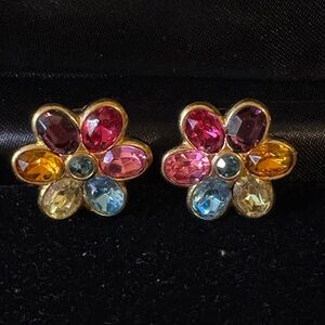 Vintage Multi-Colored Sapphire Gold Flower Clip-on Earrings By Réplića-Italy